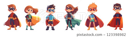kids superheroes cartoon set. boy girl superhero, child hero outfit costume clothes mask cloak jumpsuit gloves boots idol character comics vector illustration 123398982