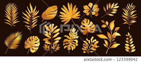 golden tropical leaves set. yellow monstera ficus palm banana leaf, summer nature metallic decor design element decoration postcard vector illustration golden tropical leaves set. yellow monstera ficus palm banana leaf, summer nature metallic decor design element decoration postcard vector illustration 123399042
