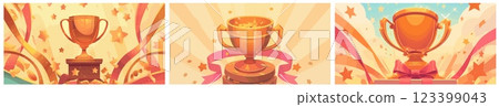 gold cups cartoon background. cup, podium ribbons stars award winner victory competition achievement success winning vector illustration 123399043