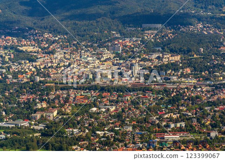 View from the Jested tower, telecommunication transmitter on mountain near Liberec, Bohemia, Czech Republic, UNESCO World Heritage Site 123399067