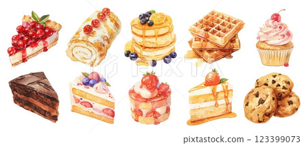 dessert watercolor set. cherry pie roll waffle cupcake pancakes cake chocolate chip cookie, sweet fruit pastry food cooking treat restaurant bakery vector illustration 123399073