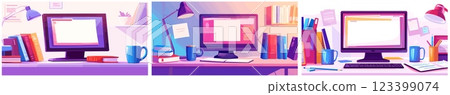 desktop background cartoon set. computer monitor on table, book glass notebook pencil student schoolboy vector remote online work study illustration 123399074