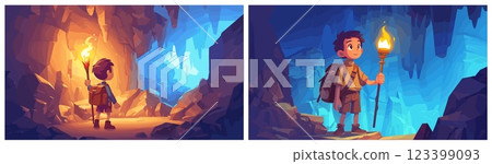 boy in cave background. child holding torch dungeon cartoon, dreams travel adventure game hike explorer vector illustration boy in cave background. child holding torch dungeon cartoon, dreams travel adventure game hike explorer vector illustration 123399093