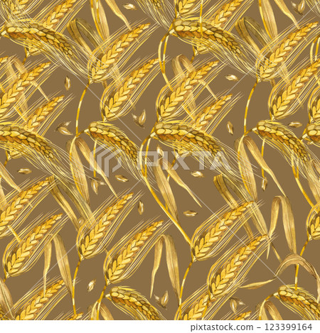 Seamless pattern of yellow wheat ears and wheat grains. All objects are hand-drawn with watercolor. Watercolor illustration. For printing on fabric, paper, for decorating dishes and kitchen textiles. 123399164
