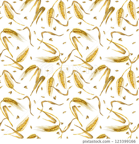 Seamless watercolor pattern. Wheat ears, ripe wheat grains hand painted in watercolor and isolated on white background. Suitable for printing on fabric, kitchen textiles, scrapbooking. 123399166