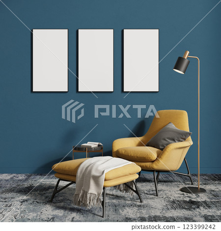Empty picture or photo frame in the living room above the yellow armchair. 3D rendering Empty picture or photo frame in the living room above the yellow armchair. 3D rendering 123399242