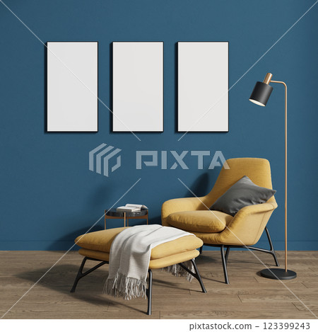 Empty picture or photo frame in the living room above the yellow armchair. 3D rendering Empty picture or photo frame in the living room above the yellow armchair. 3D rendering 123399243