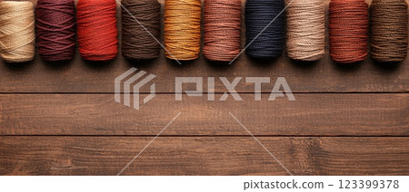Wood Background Infographics concept. Assortment of Handmade Textile Supplies on Rustic Wooden Background 123399378