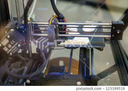 3D printer creating plastic objects with precision and speed. The concept represents modern manufacturing, rapid prototyping, and the future of custom production. 123399516