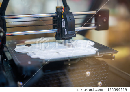 3D printer creating plastic objects with precision and speed. The concept represents modern manufacturing, rapid prototyping, and the future of custom production. 123399519
