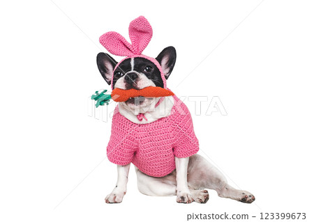 Cute puppy, felt carrot and knitted bunny ears Cute puppy, felt carrot and knitted bunny ears 123399673