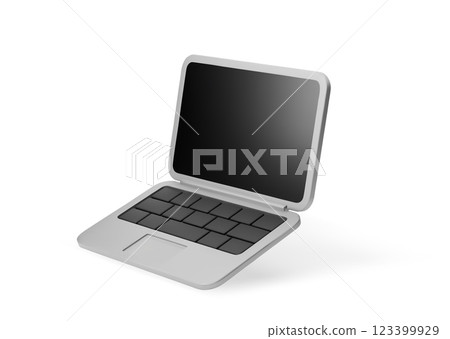 3d cartoon laptop with dark screen, sleek silver body and black keys, isolated on white background. Design element for digital technology, business, communication. Vector illustration of 3d render. 123399929