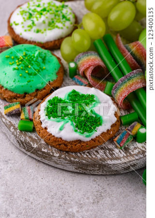 St. Patricks Day party food, green beer and shamrock 123400135