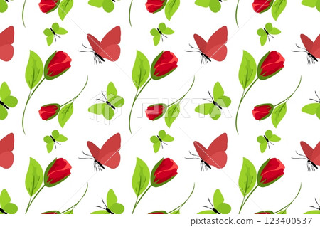 Seamless floral pattern featuring red tulips, green leaves, and colorful butterflies on a light background 123400537