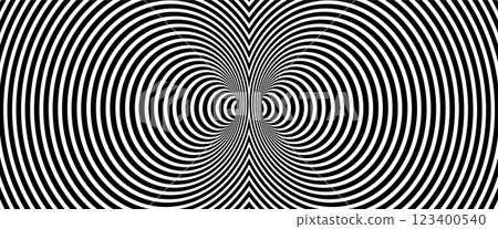 Op Art Abstract hypnotic distorted lines background. Black and white tunnel wallpaper. Psychedelic twisted stripes pattern. Horizontal template for posters, banners, cover. Vector optical illusion 123400540
