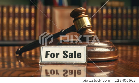 Auction Concept with Gavel and 'For Sale' Sign on Wooden Desk 123400662