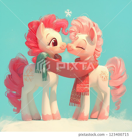 Two ponies kissing each other with a red scarf around their necks. Scene is cute and playful Two ponies kissing each other with a red scarf around their necks. Scene is cute and playful 123400715