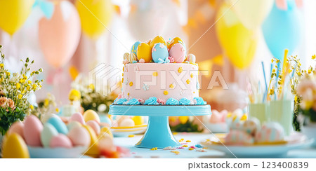 Easter table setting with spring flowers, cakes and easter eggs 123400839