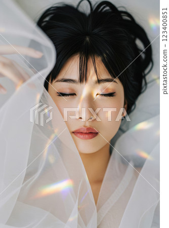 身著雪紡面紗的奇幻日本女性（AI 生成的圖像） 123400851
