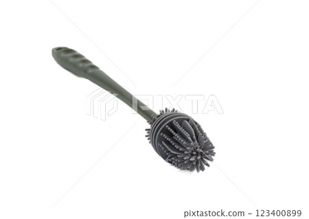 Close-up modern silicone kitchen brush for bottles, thermoses isolated on white background. 123400899