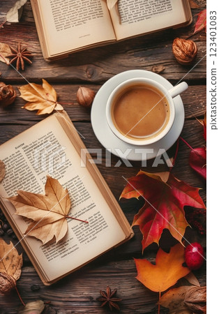 Cup of coffee with an open book and autumn with fallen leaves on a wooden background, seasonal lyrical atmosphere. 123401083
