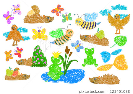 Colorful Hand-Drawn Nature Scene with Trees, Flowers, and Birds 123401088