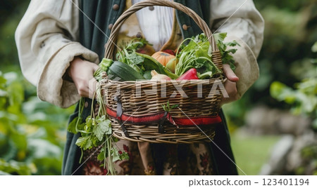 Organic vegetables in a basket in the hands of a farmer. Seasonal harvest of fresh vegetables in a garden bed at sunset. 123401194