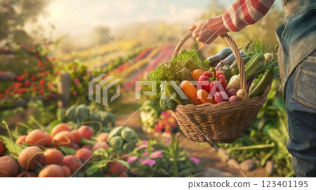 Organic vegetables in a basket in the hands of a farmer. Seasonal harvest of fresh vegetables in a garden bed at sunset. 123401195