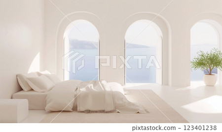 Interior of a modern bedroom in pastel colors, with a comfortable bed and a view of the blue lake and mountains from a panoramic window. 3d rendering. 123401238