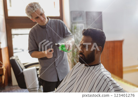 Engaging in a Barber Styling Session within a Contemporary and Modern Salon Environment Engaging in a Barber Styling Session within a Contemporary and Modern Salon Environment 123401276