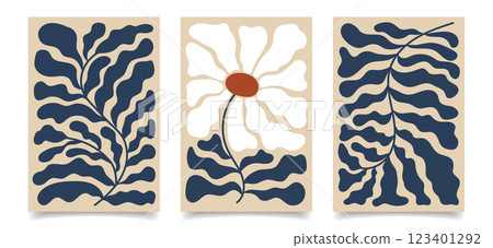 Set of abstract cards with floral motifs. Contemporary tapestries with bohemian flowers and plants. Set of wall posters. Set of abstract cards with floral motifs. Contemporary tapestries with bohemian flowers and plants. Set of wall posters. 123401292