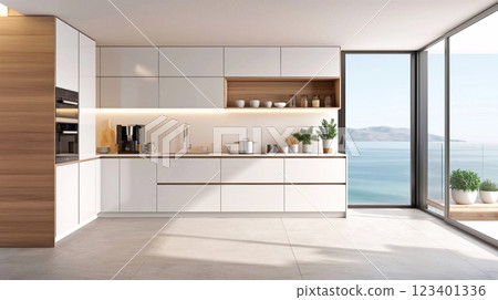 Modern bright kitchen in a house overlooking the sea, 3D rendering. 123401336