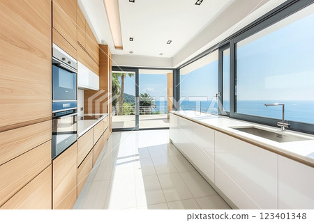 Modern bright kitchen in a house overlooking the sea, 3D rendering. 123401348