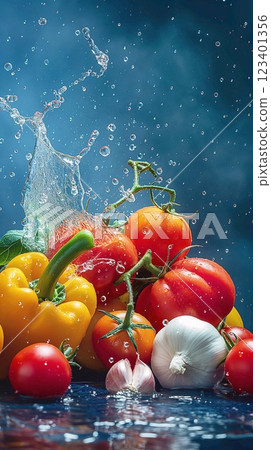Fresh assorted vegetables fall into the water, water splashes. Healthy eating concept. 3D rendering. 123401356