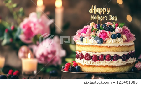 homemade vanilla sponge cake, whipped cream layers, fresh berries, piped rosettes, golden topper, rustic wooden table, candlelight glow, pink peonies, moody lighting, cozy family gathering. 123401383