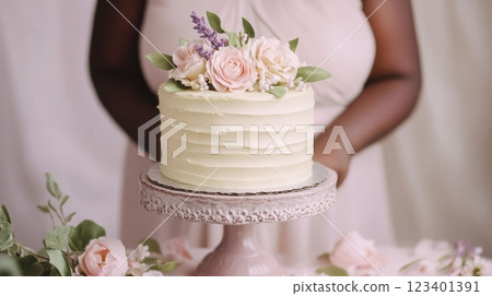handcrafted Mothers Day cake, buttercream flowers, pastel roses, lavender blossoms, creamy frosting, vintage cake stand, floral decor, heartfelt note, soft natural lighting, elegant celebration. 123401391