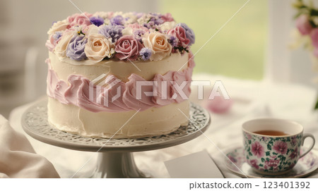 homemade Mothers Day cake, pastel buttercream frosting, delicate floral piping, fresh edible flowers, vintage cake stand, linen drape, handwritten note, cozy tea setting, soft natural lighting. 123401392