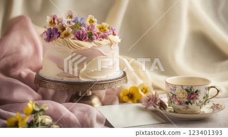 homemade Mothers Day cake, pastel buttercream frosting, delicate floral piping, fresh edible flowers, vintage cake stand, linen drape, handwritten note, cozy tea setting, soft natural lighting. 123401393