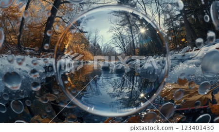 Autumn Forest Reflected in a Droplet Through a Unique Lens Perspective 123401430