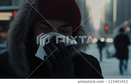 Woman in a winter coat and beanie sneezing into a tissue on a cold day 123401452