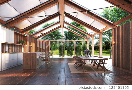 An open kitchen and dining area An open kitchen and dining area 123401505