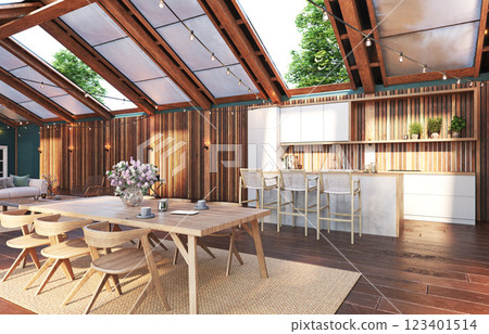 An open kitchen and dining area 123401514