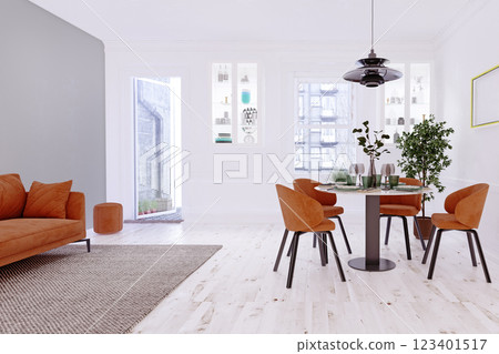 living room with a brown sofa, green wall, dining area, wooden floors living room with a brown sofa, green wall, dining area, wooden floors 123401517