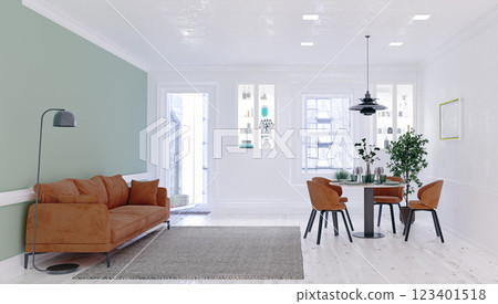 living room with a brown sofa, green wall, dining area, wooden floors living room with a brown sofa, green wall, dining area, wooden floors 123401518