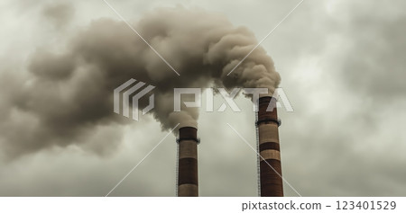 Industrial smokestacks emitting heavy pollution into the sky 123401529