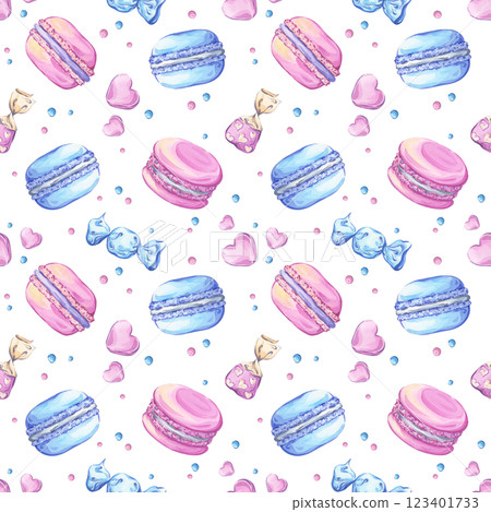 Macarons and candies in pink and blue tones. Seamless watercolor pattern with sweets on a white background. Perfect for packaging, textiles, and confectionery-themed designs Macarons and candies in pink and blue tones. Seamless watercolor pattern with sweets on a white background. Perfect for packaging, textiles, and confectionery-themed designs 123401733