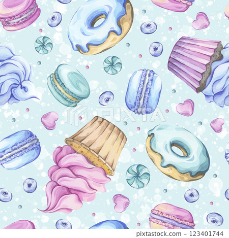 Watercolor seamless pattern with cupcakes, donuts, macarons and candies 123401744