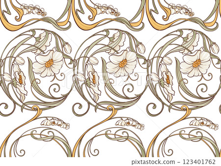 Decorative flowers and leaves in art nouveau style 123401762