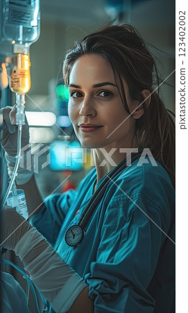 Caring nurse checks IV drip in a busy hospital ward during evening hours 123402002