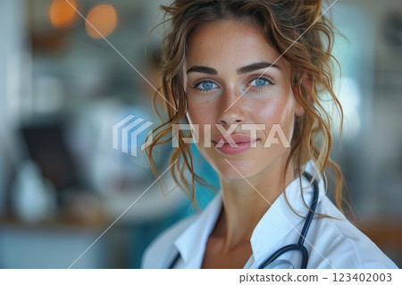 Healthcare professional with a stethoscope, showcasing a confident smile in a medical setting 123402003